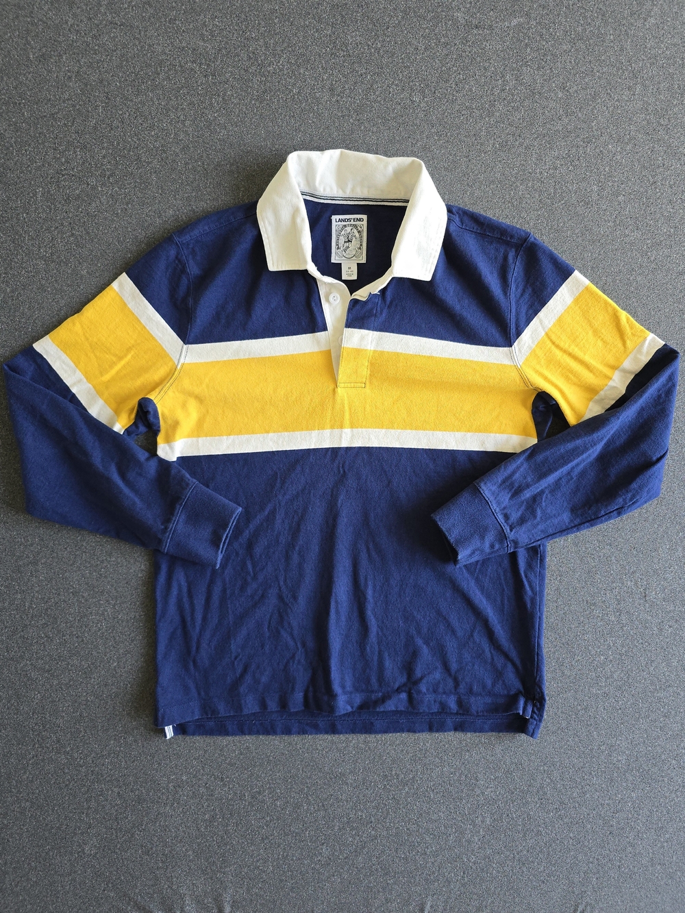 Lands' End Cotton Jersey Rugby Shirt Men Medium Navy Yellow Striped Long Sleeve